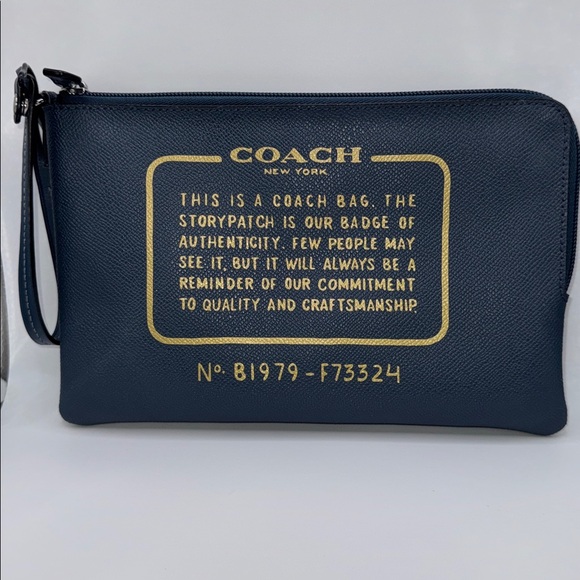 Coach Handbags - Coach Storypatch L-Zip Clutch Pouch Navy Leather Gold Print Like New